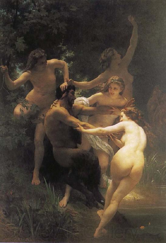 Adolphe William Bouguereau The god of the forest with their fairy